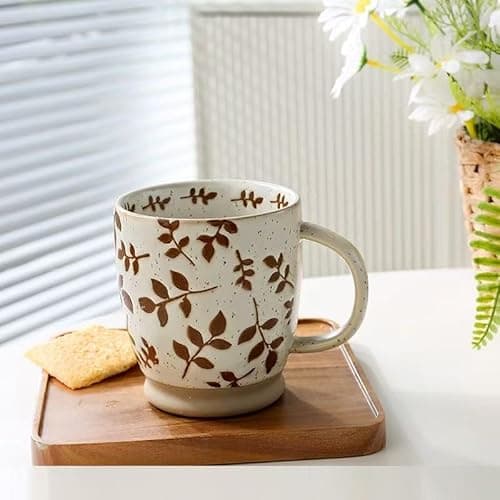 Image of MACHUMA Vintage Stoneware Relief Design Mug, 500ml Large Ceramic Cup for Coffee, Tea, Breakfast, Retro Kitchen Home Decor and Festival Gift (Bamboo Leaf)