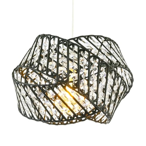 Image of Modern Designer Triple Ring Matte Black Metal Pendant Lighting Shade with Small Clear Acrylic Beads | 21cm x 30cm | Etched Metal Strips by Happy Homewares