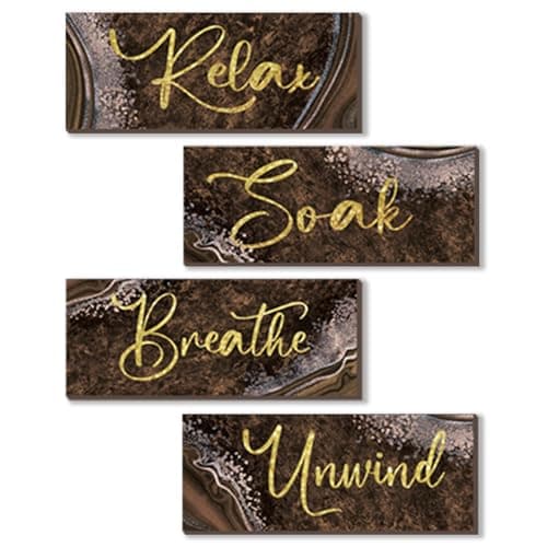 Image of ONIZHITY 4 Pcs Brown Gold Bathroom Decor Brown Gold Wall Decor Relax Soak Unwind Breathe Wooden Rustic Marble Style Bathroom Accessories for Bedroom Living Room Office Kitchen(Brown Gold 10X4)