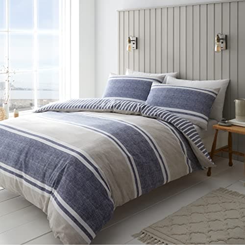 Image of Catherine Lansfield Bedding Textured Banded Stripe Double Duvet Cover Set with Pillowcases Blue