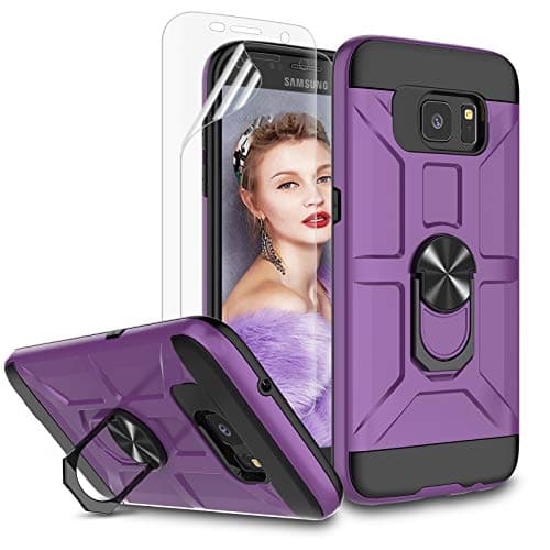 Image of Jeylly Case for Galaxy S7 Edge with Soft Screen Protector, 360 Rotating Ring Kickstand Holder [Work with Magnetic Car Mount] Armor Defender Shockproof Case for Samsung Galaxy S7 Edge, Purple