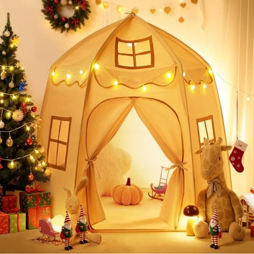Image of besrey Toddler Tent with Lights & Mat - Kids Castle Play Tent Indoor/Outdoor, Safe Wood Frame Playhouse for Children, Gift for Boys and Girls for Children (beige)