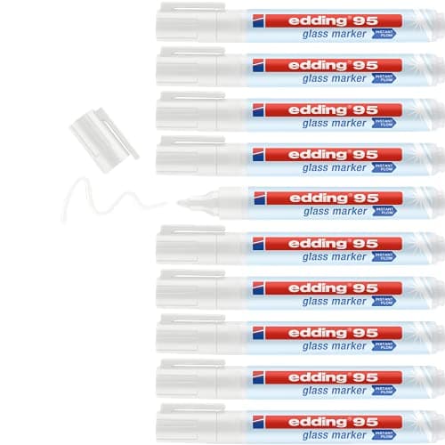 Image of Edding 95 Glass Marker - White - 10 Glass Pens - Round Nib 1.5-3 mm - Washable Window Marker Pen - for Writing and Marking on Glass Surfaces, Windows, Glassboards, Whiteboards - Dry-Wipeable,4-95049