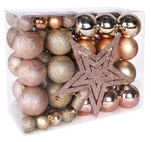 Image of Anstore 69 Pcs Christmas Ball Ornaments - Shatterproof Baubles With Tree Topper Star - Rose Gold Hanging Decorations for Holiday and Party (6cm & 3cm)