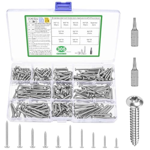 Image of 305 Pcs Stainless Steel Self Tapping Screws, M3 M4 Round Head Torx Screws Set, Self Drilling Chipboard Wood Screw Kit for DIY WoodWork Repairs Sheet Metal Screw Set