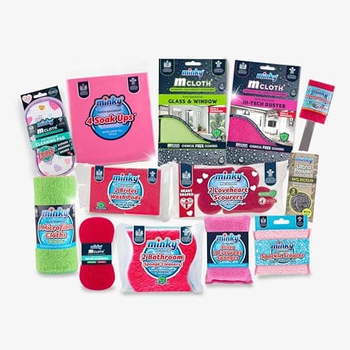 Image of Minky Love Your Home Cleaning Essentials Kit, 13 Cleaning Products Bundle with Microfibre Cloth, Sponges & Scourers, Complete Set for a Sparkling Clean Home