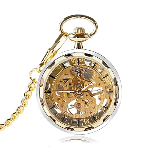 Image of OUMIFA Pocket Watch Skeleton Hand Wind Mechanical Pocket Watches Classic Open Face Transparent Windup Clock Unisex Best Gifts Vintage Pendant Hours Digital Pocket Watches (Color : Golden)