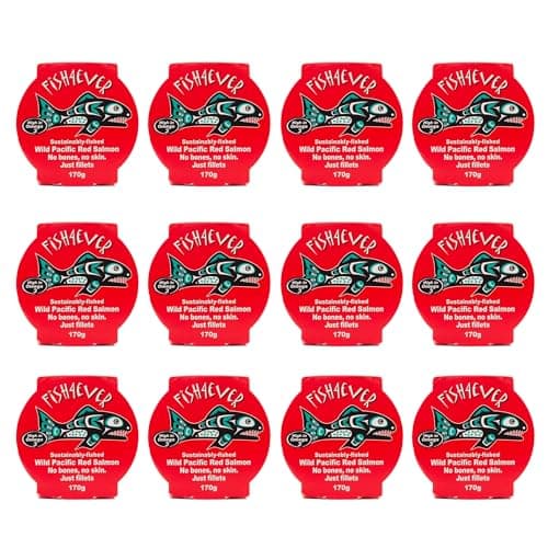 Image of Fish 4 Ever | Red Pacific Wild Salmon In Brine Filleted - Sustainably Fished. Tin Canned Food Rich In Omega-3. Great Used In Pasta Salad, Noodle Dishes, Sandwich Filler And More |170g (Pack of 12)