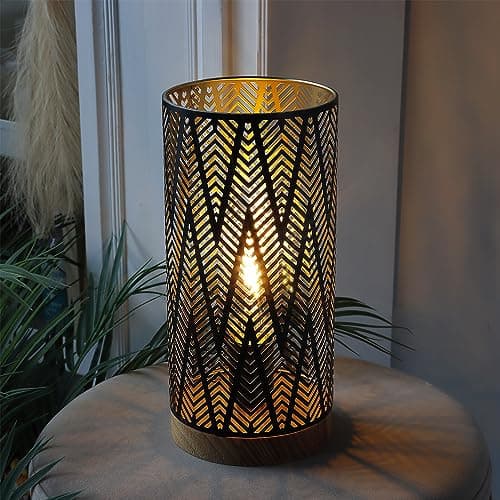 Image of JHY DESIGN Table Lamp Battery Powered with LED Bulb 6-Hour Timer, 28.5cm High Cordless Light Lightning Patterned Lantern for Wedding Bedside Patio Garden (with Wooden Base)