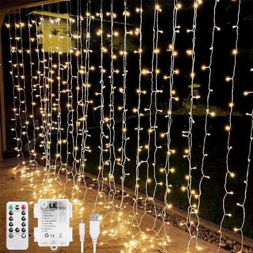 Image of Lepro LE Curtain Lights Battery Powered, 3m x 3m 300 LEDs, 8 Modes & Timer, Warm White Fairy Curtain Lights, USB Plug, Remote Control, Suit for Room Decorations, Birthday, Party, Wedding, Gazebo