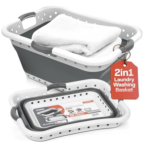 Image of Klass Home Collection 58L Large Collapsible Laundry Baskets Plastic, Pop Up Foldable Washing Basket, Laundry Hamper For Sorting & Drying, Space Saving Folding Wash Bucket Tub (3-Handle, Grey)