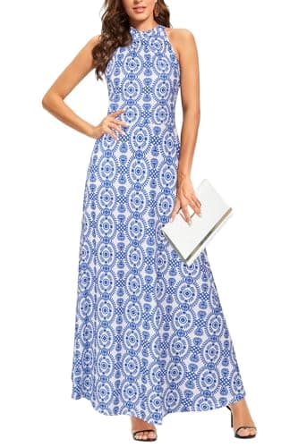 Image of STYLEWORD Women's Maxi Dresses Halter Neck Summer Dress Floral Print Sleeveless Off Shoulder Elegant Long Dress(Blue Geometric Floral,L)
