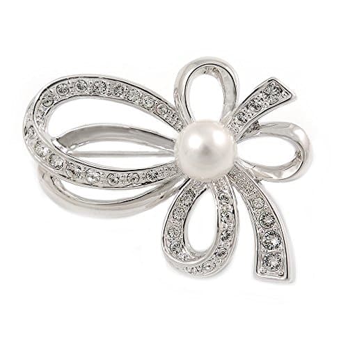 Image of Small Crystal Faux Pearl Bow Brooch In Rhodium Plated Metal - 40mm L