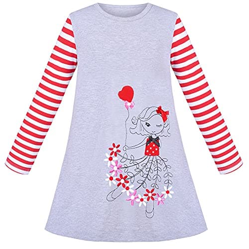 Image of Sunny Fashion Girls Dress Long Sleeve Red White Striped Embroidery Flower Cotton Age 6 Years