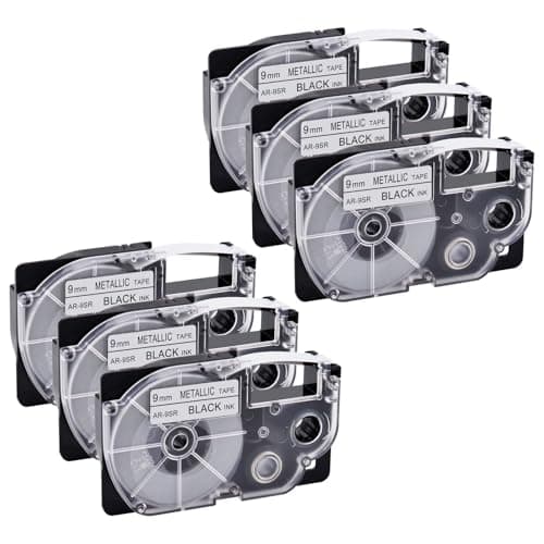 Image of NineLeaf Compatible for Casio Label Maker XR-9SR AR-9SR 9mm x 8m Black on Silver Label Tapes for Casio KL-60 100 120 200 300 750 780 820 2000 7000 7200 7400 8100 8200 P1000 Label Printers, 6PK