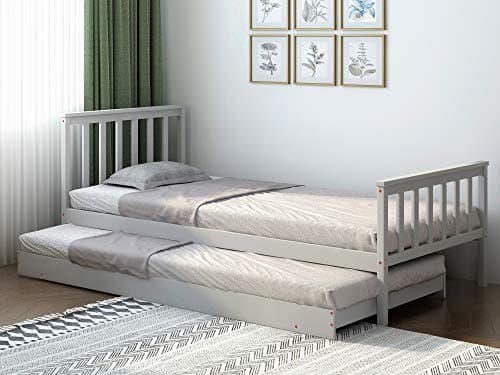 Image of Panana Wooden Single Day Guest Bed With Pull Out Trundle 2 in 1 Bedroom Furniture - Fits 90 * 190 Mattress - Gray