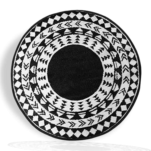 Image of BONAFIDE Portable Plastic Outdoor Rugs, Round Patio Rugs for Garden, Round Indoor Outdoor Area Rug, Waterproof Ligthweight Plastic Straw Rug, Outdoor Area Rugs for Picnic (ROUND BLACK, 150x150cm)