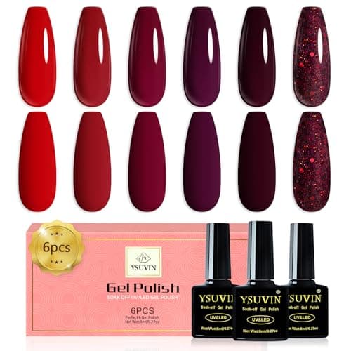 Image of Yueshop Gel Nail Polish, 6 Colors Burgundy Cherry Red Dark Red Glitter Gel Nail Polish Set,Winter Red Series Gel Polish Soak Off UV LED Nail Art Varnish Kit For Beginner DIY Salon Home,8ml