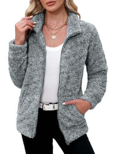Image of For G and PL Lady Winter Zip Up Soft Fleece Cardigan Fuzzy Lounge Zipper Coat Grey L, Grey, Large