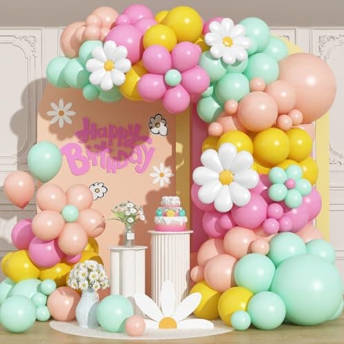 Image of Daisy Flower Balloon Arch Kit Groovy Floral Balloons Garland with Foil Balloons Boho Pink Yellow Pastel Green Orange White Birthday Party Decorations for Girls Spring Bridal Baby Shower Holiday 102Pcs