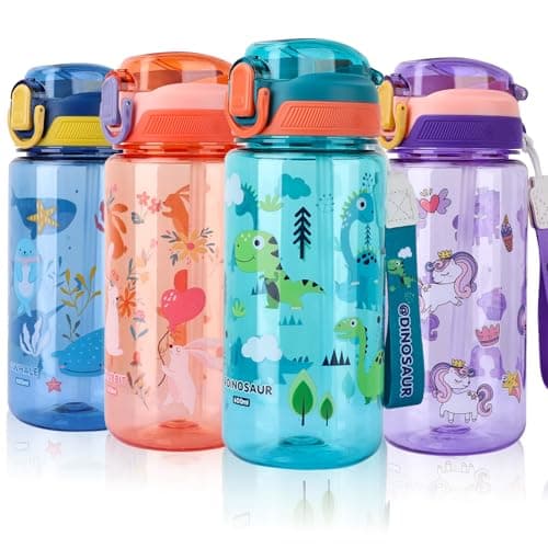 Image of SENBSLAN Kids Water Bottles With Straw,600ml Drinks Bottle for School,Leakproof Children's Bottle BPA free Sport Bottle for Girls Boys (Greenish Blue-Dinosaur)
