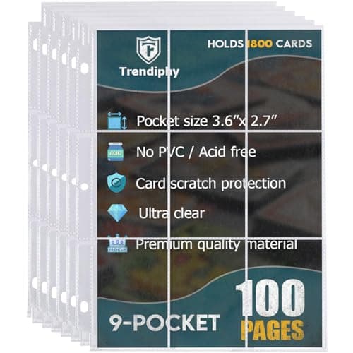 Image of 1800 Pockets Trading Card Sleeves, Premium 9-Pocket 100 Pages, Double-Sided Baseball Sleeves, Card Protectors Sheets for Soccer Cards, TCG Card Storage - Fits 3 Ring Binder (100 Sheets)