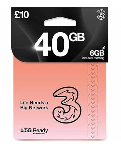 Image of Three 40GB Pay As You Go Mobile SIM Card, 5G Ready Network, 6GB Roaming Data, No Contract, £10 BUNDLE