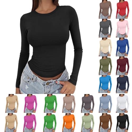 Image of Uwdiohq Womens Long Sleeve Tops Slim Fit Stretchy Basic T-Shirt Crew Neck Casual Base Layer Undershirt Lightweight Breathable Soft Tunics for Everyday Wear Solid Color XS-XL Black
