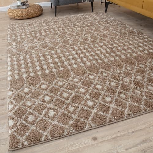 Image of THE RUGS Modern Moroccan Design Living Room and Bedroom Rugs, Non-Shedding & Easy Care (Moroccan Beige/Ivory, 60x110 cm)