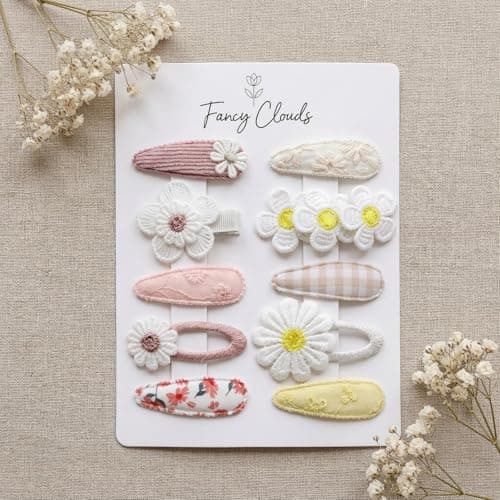 Image of 10 Pack Baby Hair Clips for Girls Toddler - Neutral Snap Hair Clips with Embroidery Daisy Flower, Handmade Kids Hair Accessories Barrettes for Baby Girl, Infant & School Age Children Gifts