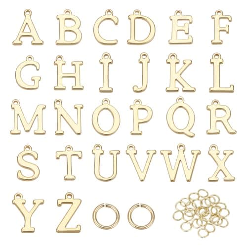 Image of AHANDMAKER 26Pcs 18K Gold Filled A-Z Alphabet Letters Charms, Smooth Alphabet Charms, Gold Plated Initial Letter Charm Pendant Beads with Jump Rings for DIY Wristbands Bracelets Jewelry Making