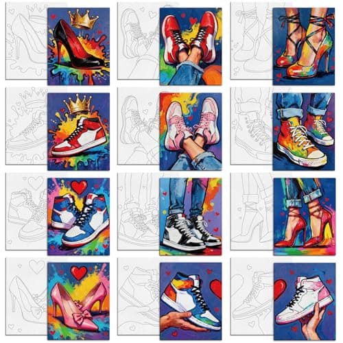Image of MAYJOYDIY 12 Pcs Graffiti Couples Shoes Pre Drawn Canvas to Painting High Heels Pre Printed Canvas for Adults 25×20cm Sneakers DIY Paint Art Supplies for Beginners Students Party Gifts