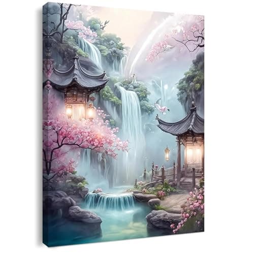 Image of Canvas Wall Art Framed – Asian Waterfall Garden Artwork with Cherry Blossom Fantasy Landscape Wall Decor for Living Room Bedroom Hallway or Entryway Home Decoration, with Hooks and Nails 12x16 Inch