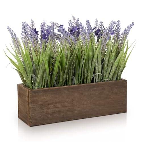 Image of Oairse Artificial Lavender Flower Plants in Rectangular Wooden Planter Box Lifelike Faux Lavender Plant for Home Wedding Kitchen Windowsill Table Shelf Indoor Farmhouse Table Centerpiece Decor