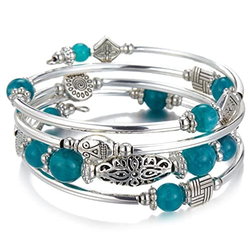 Image of BULINLIN Beaded Silver Bangle Wrap Bracelet for Her, Layered Bohemian Bracelets with Natural Stone, Jewellery Gifts for Women Ladies (Sea green)