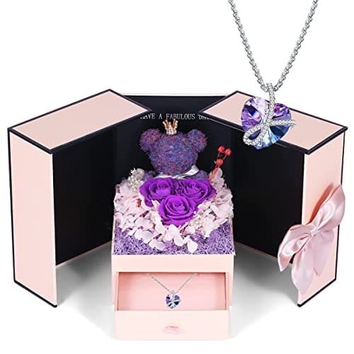 Image of Firestyle Preserved Purple Rose Moss Bear with Purple heart crystal necklace, Gifts for Women,Girlfriend,Wife,Mum,Gifts for her on Birthday, Anniversary, Valentine's Day, Mother's Day, Christmas