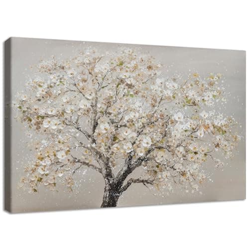 Image of Wooden Framed Canvas Wall Art Blossom Cerasus Tree Painting Poster Gallery Wrapped Canvas Prints Wall Artwork Khaki Floral Pictures for Living Room Bedroom Bathroom Hallway Home Wall Decor 40x60cm