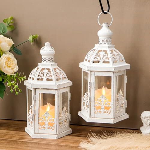 Image of TRIROCKS Set of 2 Vintage Decorative Lanterns 24.5 cm H Hanging Lantern Metal Candleholder with Tempered Glass for Indoor Outdoor Home Decor Parties Garden Events Wedding(White with grey Brush)