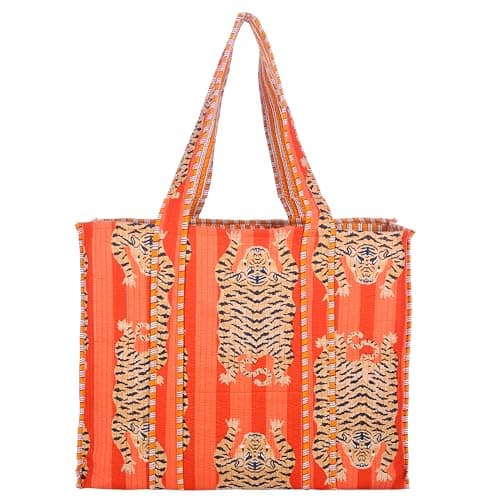 Image of AFFERTO Women's 100% Cotton Quilted Tote Bag, 15" x 18" x 5.5", Orange