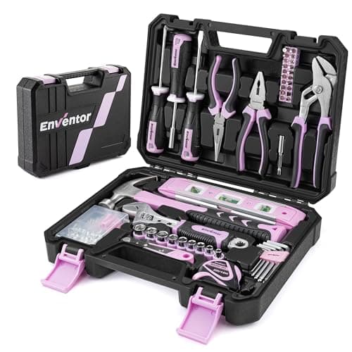 Image of Enventor Pink Tool Kit Set for Women, 108PCS General Household Hand Tool Kit with Storage Toolbox, Ladies Small Tool Kits for Home