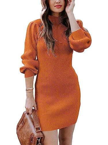 Image of Timuspo Women's Knitted Dress Long Sleeve Jumper Dress Mini Turtleneck Sweater Long Sleeve Dresses Casual Winter Dresses for Spring Autumn Winter Orange