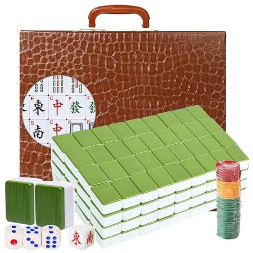 Image of LANYOTA Mahjong Set, Chinese Mahjong Game Set with Carrying Travel Case,36x27mm,Large 144+2 Tiles with Arabic Numerals, 3 Dice, A Wind Indicator and a Set of Chips (Green)