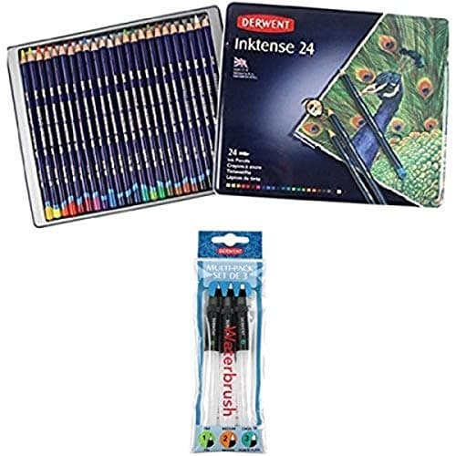 Image of Derwent Inktense Watercolour Pencils Tin (Set of 24) with Derwent Waterbrush Multi-Pack (Pack of 3)