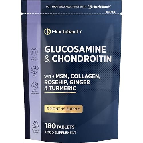 Image of Glucosamine and Chondroitin High Strength 7-in-1 | 180 Tablets | 1200mg Complex with Glucosamine Sulphate 2KCl, MSM, Collagen and Ginger Root | Supplement for Men and Women | By Horbaach