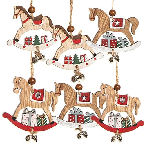 Image of Logbuch-Verlag 6 Wooden Pendants Rocking Horse Wooden Horse Pendant Christmas Wood Decoration Natural Red Christmas Tree Hanger with Bell
