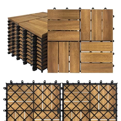 Image of SAILUN 11 Pack Acacia Wood Interlocking Deck Tiles 30x30cm, 1㎡ Wooden Decking Tiles with Click System, Outdoor Floor Tiles for Garden, Patio, Balcony & Terrace (Type B)