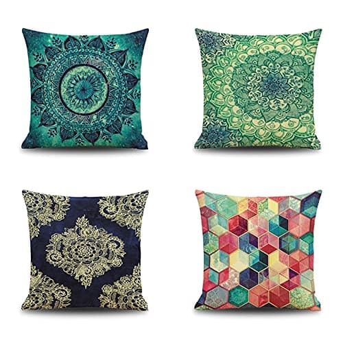 Image of Lieson Pillow Case Pack Of 4, Pillowcase 18x18 45x45CM Square Mandala Flowers Pattern Sofa Cushion Covers Green Multicolor, Linen