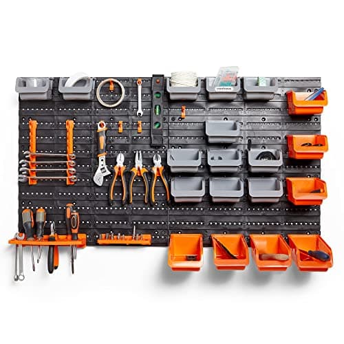Image of VonHaus 44 Piece Wall Mounted Pegboard Hook, Storage Bins and Panel Set - DIY Garage Storage Wall Mount System with Rack and Bin Accessories - Tool, Parts and Craft Organizer