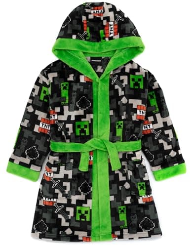 Image of Minecraft Dressing Gown Kids | Boys Girls TNT Creeper Camo Green Grey Pyjamas Bathrobe | Video Game Nightgown 7-8 Years