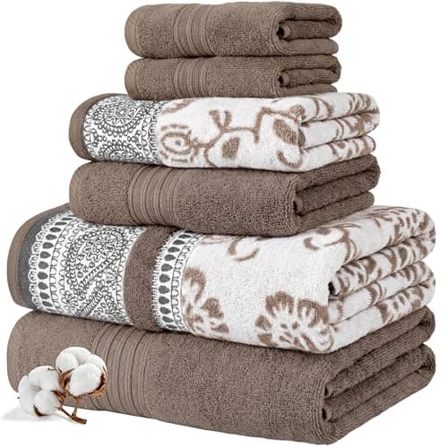 Image of Modern Threads 6 Piece Set, 2 Bath Towels, 2 Hand Towels, 2 Washcloths Yarn Dyed Jacquard/Solid Towel Set Ophelia Fawn